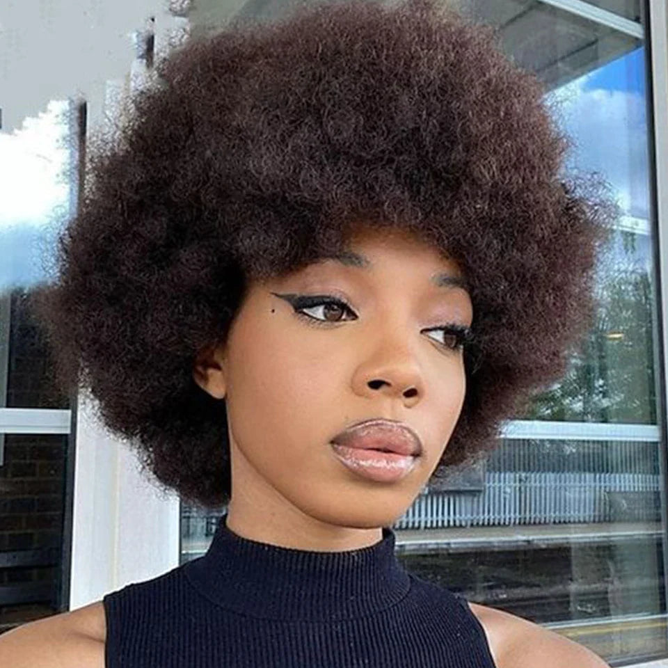 Peruvian Human Hair Short Sassy Human Hair Wigs Natural Brown Burgundy Fluffy Afro Kinky Curly Wig For Black Women Remy