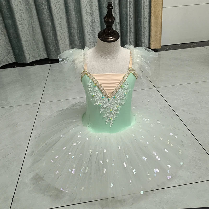 2023 New Ballerina Fairy Prom Party Costume Kids Blue Sequined Flower Dress Girls Dance Wear Gymnastic Ballet Leotard Tutu Dress