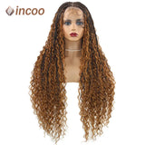 32” Full Lace Box Braid Wigs With Baby Hair Embroidery Bohemian Braid Wig For Black Woman Knotless Goddess Locs With Curly Hair