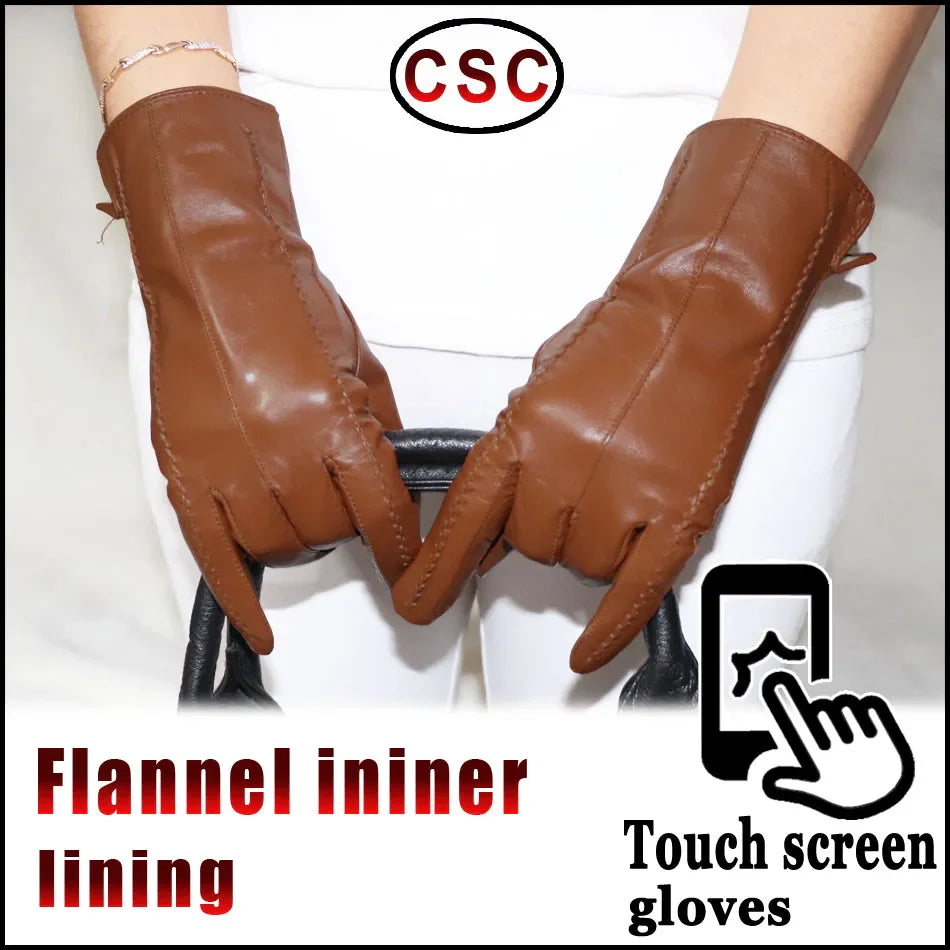 Women's sheepskin gloves winter warmth plus velvet short thin touch screen driving female color leather gloves new high-end 2023