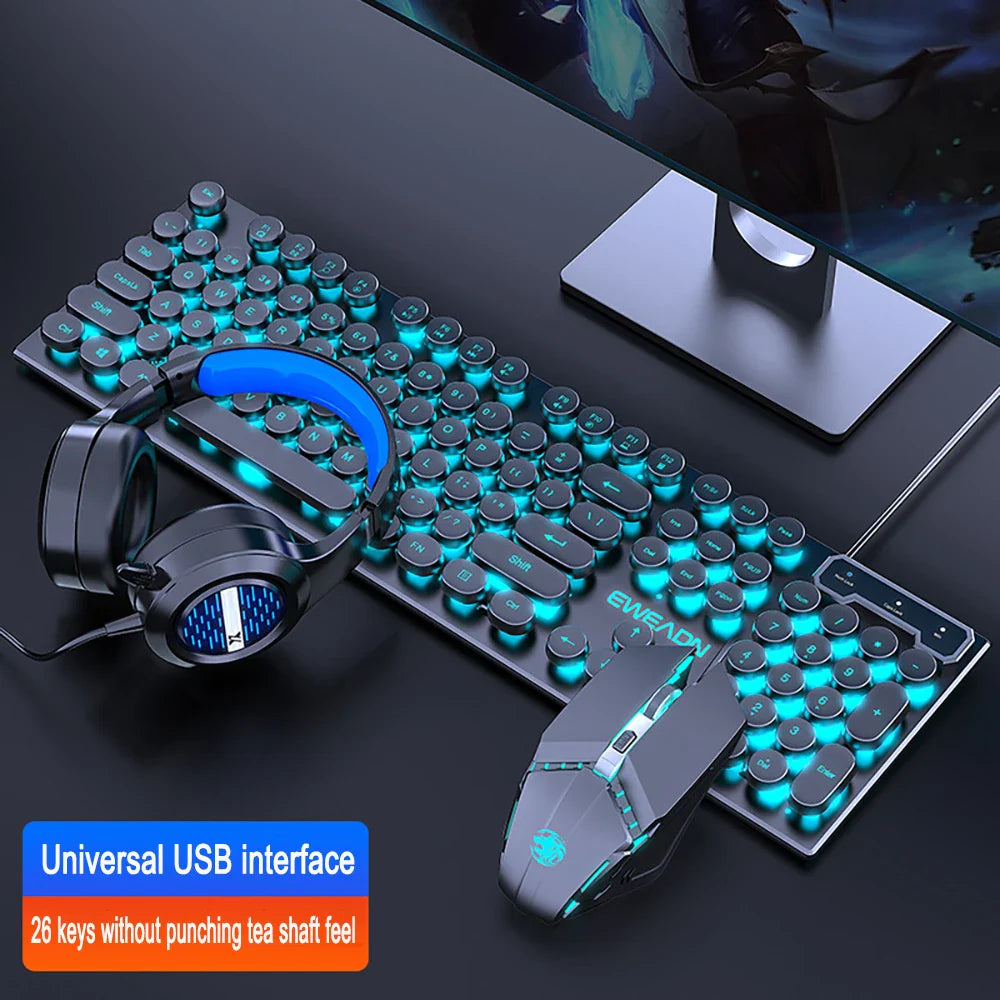 Three-piece Set Punk Gaming Keyboard and Mouse Earphone Set Luminous Keyboards 1600 DPI Mice Headset Combos Computer Accessories