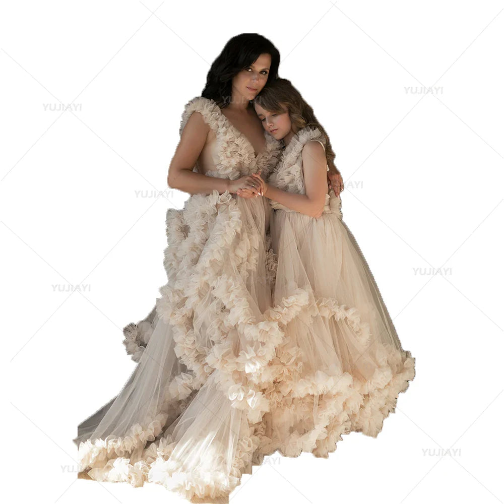 Tiered Ruffles Tulle Mommy and Me Matching Dresses Mother and Daughter Maternity Girls Family Outfit Photography Prom Gown