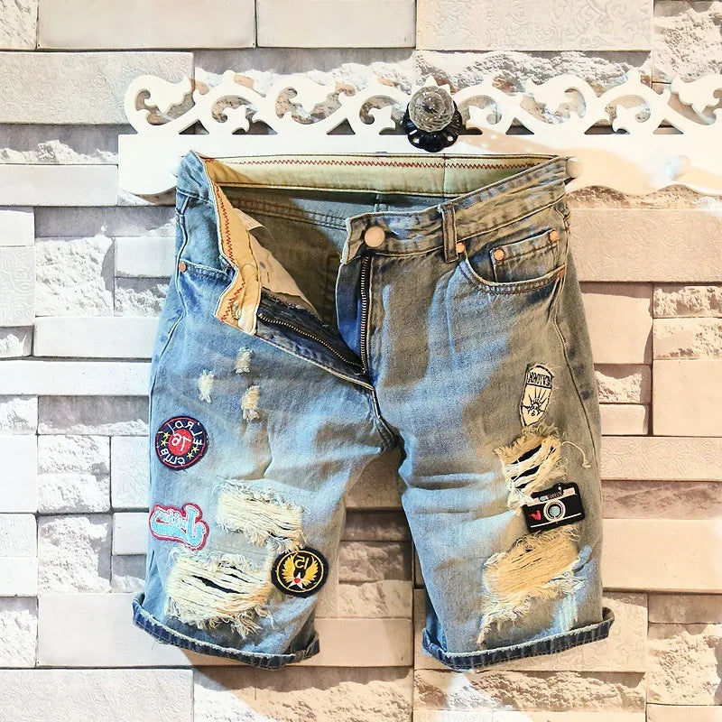 Summer Casual Punk Style Luxury Ripped Washed Jeans Denim Shorts for Men with Slim Embroidery Patch Washed Jeans Shorts for Men