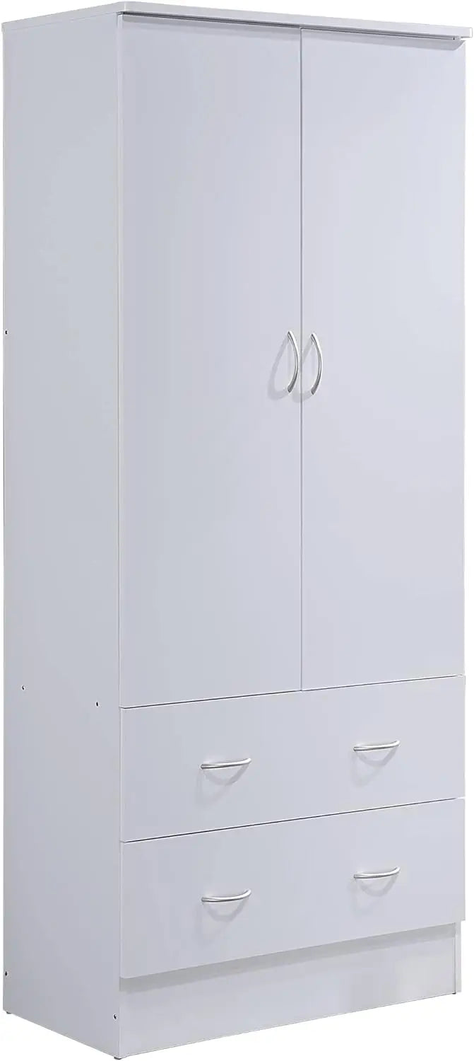 wooden wardrobe bedroom closet, Cabinet equipped with clothes drying rod and 2 storage drawers, White wardrobe