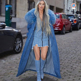 Denim Coat Long 2024 New Coming Denim Windbreak Long With Fur Collar Ladies Jeans Coat