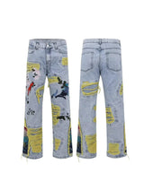 Washed Destroyed Pleated Chinese Painting Embroidered Patch Denim Ripped Jeans for Men Streetwear Male Tassels Straight Jean Pan