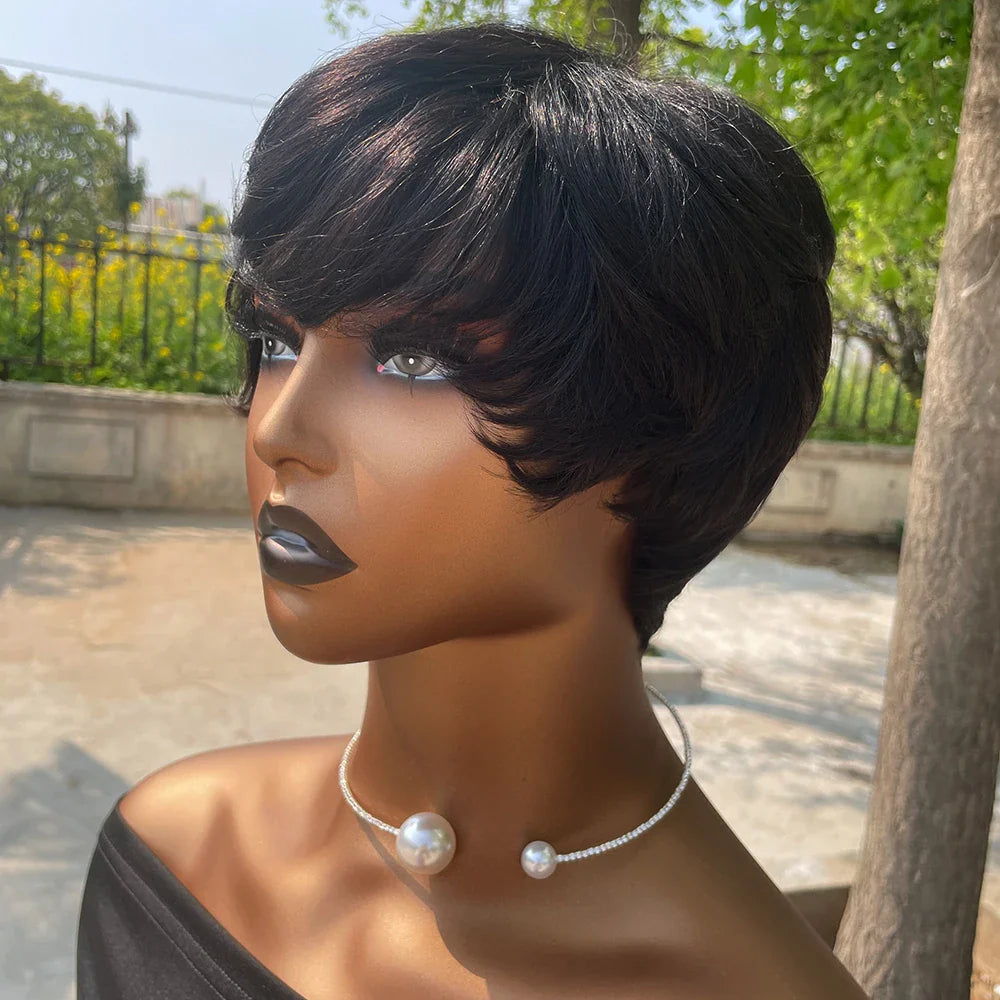 Human Hair Wigs Short Pixie Cut Wig Human Hair For Black Women Machine Made Wigs With Bangs Glueless Wig Perruque Cheveux Humain