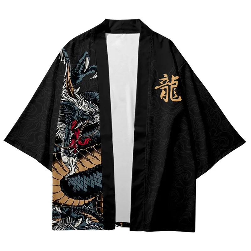 Large Size 6XL 7XL Japanese Kimono Cardigan Pants Set  Print Dragon Men Women Shirt Tradition Yukata Haori Obi Coaplay Costume