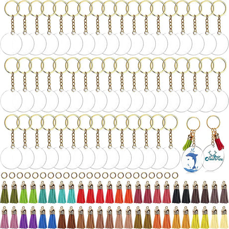 200Pcs Acrylic Keychain Blanks with Rings Clear Key Chains Round Clear Discs Circles Colorful Tassel DIY Crafting Vinyl Projects