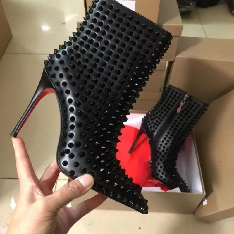 Luxury Top Quality Fashion Sexy Crystal Red Sole Shoes Ankle Boots for Woman Pointed Toe Shoes Party Modern Autumn Booties Rivet