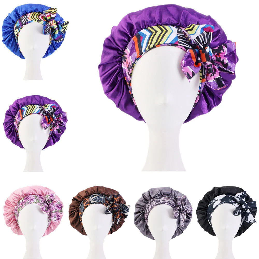 Women Satin Print Sleeping Cap Nightcap Bonnet Headband Women Scarf Sleep Night Hat Bow Bandana Hair Care Headwear Shower Hats