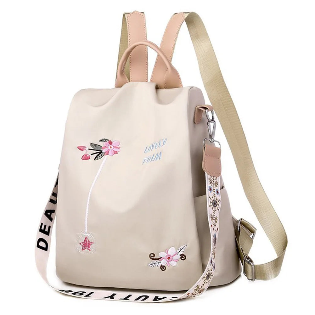 Oxford Backpack Flower Embroidery Women Travel Anti-theft Rucksack (Camel)