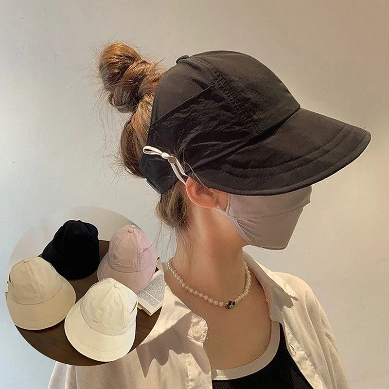 Foldable Wide Brim Ponytail Sun Hat Drawstring Adjustable Cap  Summer Quick-dry Visor Fisherman CapFor Women Beach Hat