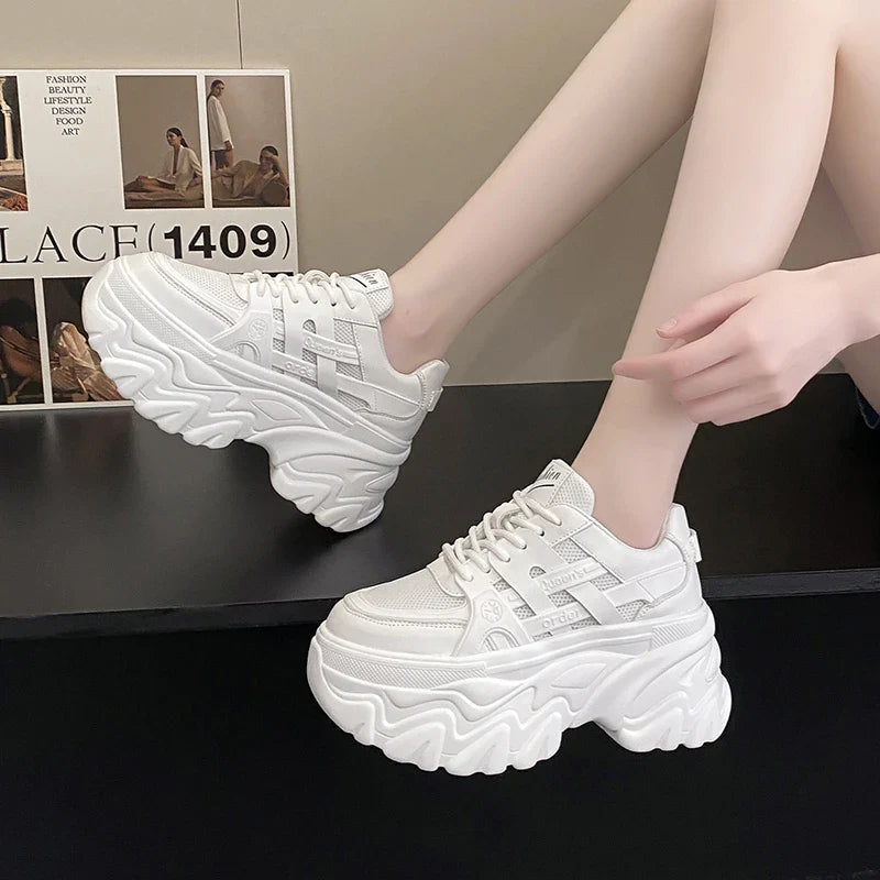 White Chunky Sneakers Women New 2022 Autumn Hidden Heel Platform Sports Dad Shoes Woman Lace Up Breathable Mesh Casual Shoes 8CM