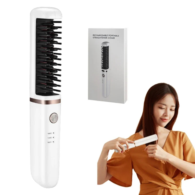 Cordless Hair Hot Air Brush Comb Salon Negative Ionic Straightener & Curler