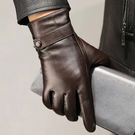 Sheepskin Genuine Leather Men's Gloves Fashion Driving Riding Gloves Warm Cashmere Lined Thin Mittens For Male Free Shipping