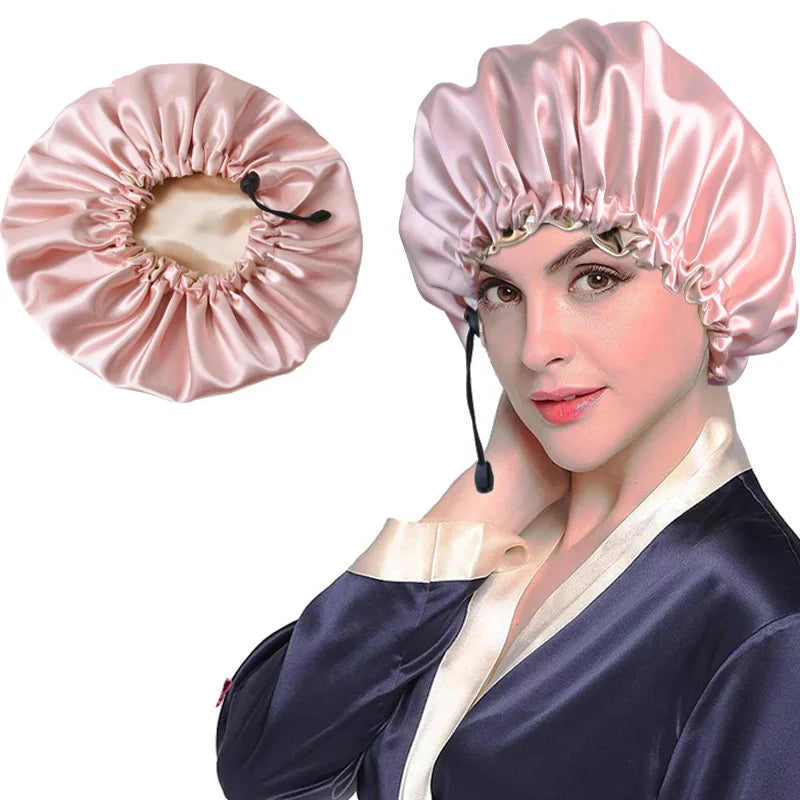 Ladies Satin Nightcap Solid Color Simple Drawstring Adjustable Hair Care Bandana Double Sided Shower Cap Chemo Head Cover