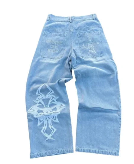 Y2K Jeans Mens Hip Hop Retro Skull Embroidery Washed Baggy Denim Pants New Straight Casual Loose Wide Leg Trouser Streetwear