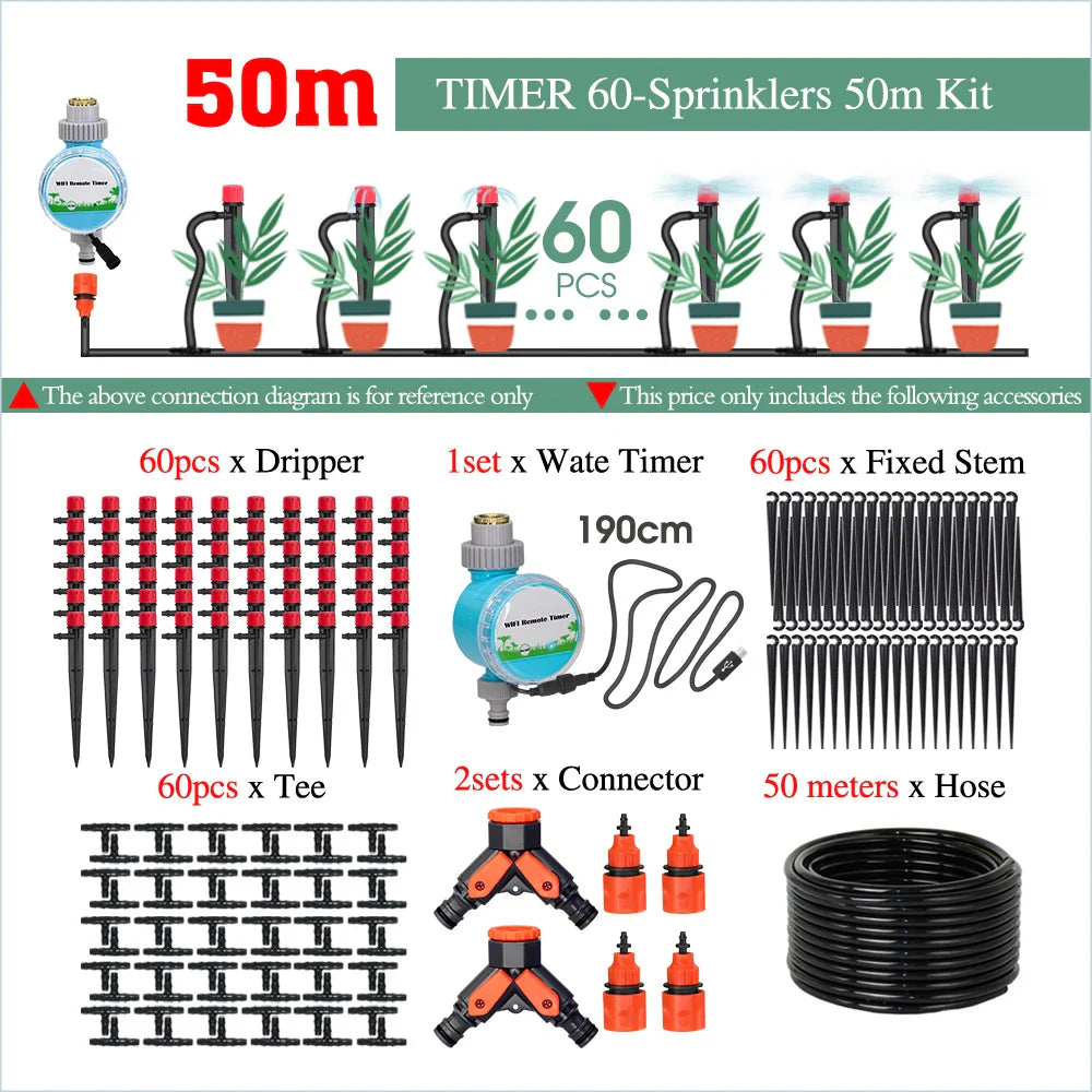 50-5M Garden 13cm Sprinkler Drip Wateing Systems Smart Timer 1/4“ Hose Automatic Irrigation Equipment for Greenhouse Bonsai Yard