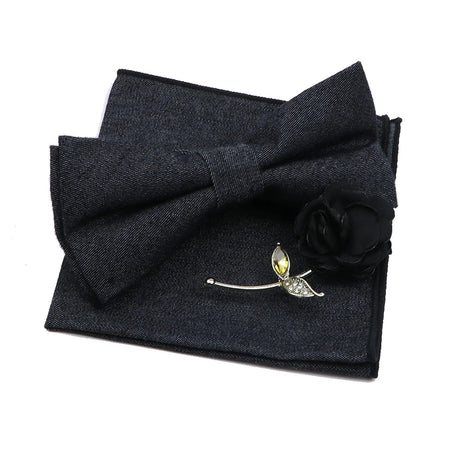 Solid Color Mens Bowtie Brooch Set 100% Cotton Pink Blue Bow Tie Flower Lapel Pin Romantic Wedding Party Suit Shirt Accessories