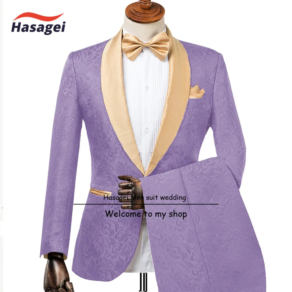 Champagne Men's Wedding Tuxedo Elegant Men 2-piece Suit Set Patterned Jacket Pants Formal Slim Fit Outfit