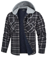 TACVASEN Cotton Flannel Shirt Jacket with Hood Mens Long Sleeve Quilted Lined Plaid Coat Button Down Thick Hoodie Outwear