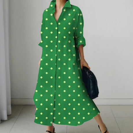 2023 Dress Summer Polka Dot Women's Small Flower Shirt Dress Bohemian Style Midi High Waist Vacation Office Fall Clothing