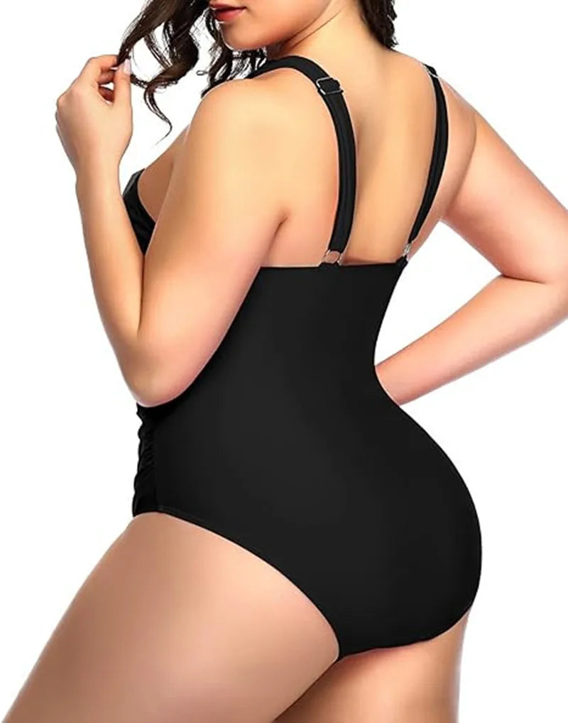 2024 Summer Women Plus Size One Piece Swimsuits Front Cross Tummy Control Black Sexy Swimwear Backless Bathing Suit