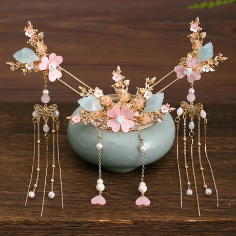 Chinese Hanfu Hair Accessories Set Long Fringed Vintage Hairpins Flower Handmade Hair Sticks For Women Traditional Retro Jewelry