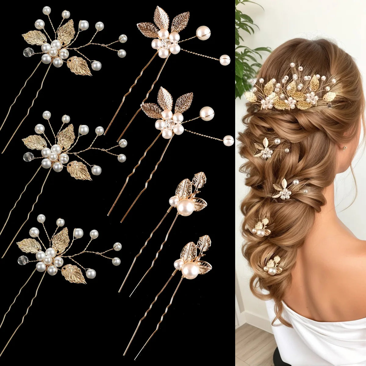 Pearl Flower Hairpin Side Comb Golden Leaf Shaped Alloy Tiaras Wedding Bride Insert Hair Clips Hair Jewelry Bride Headwear