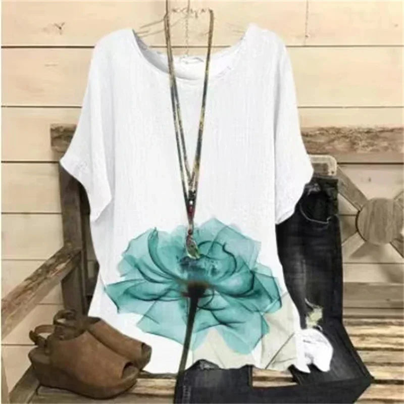 New Fashion Women T-Shirt O-Neck Casual Short Sleeve Flowers Print Tshirt Plus Size Female Summer Harajuku Loose Ladies Pu-shirt