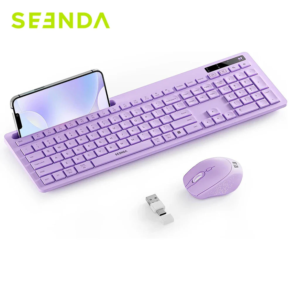 Seenda Full-Size Keyboard with Phone Holder 2.4G Silent USB Wireless Mouse and Keyboards for MacBook Windows Computer Desktop PC