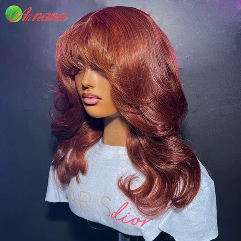 Reddish Brown Color Body Wave With Bangs 13x6 Lace Frontal Wig Brazilian Remy Human Hair Wig For Women 4x6 Glueless Wear Go Wig