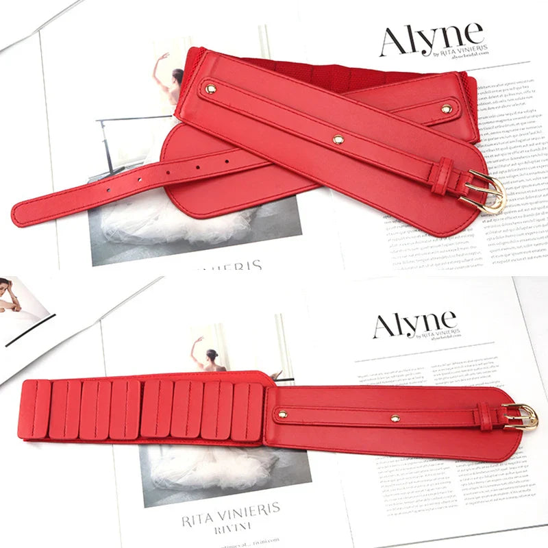 Ladies Wide Waist Straps Fashion Vintage Pu Leather Waistband Elastic Waist Seal Belt Pin Buckle Women's Coat Belt Cummerbund