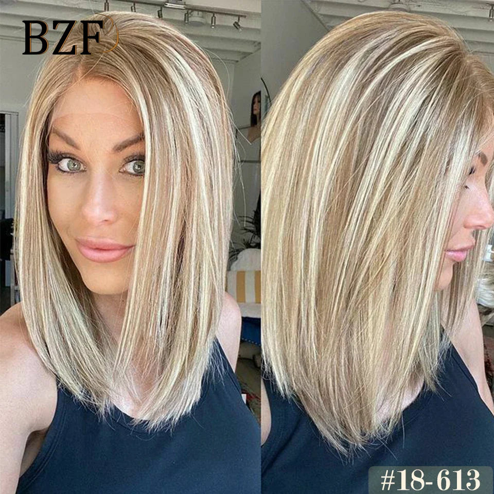 13x3 Blonde Highlight Synthetic Lace Front Bob Wigs Short Cosplay 12Inch Straight Glueless Heat Resistant Wig For Women Daily