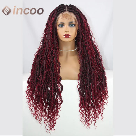 32 inch Butterfly Loc Dark Ginger Full Lace Front Braided Wig Water Wave Curly Wigs Distressed Knotless Box Braids Cornrow Wig