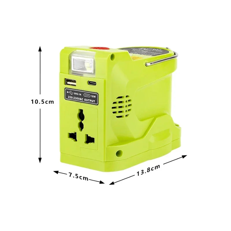 200W Power Inverter Generator for Ryobi 18V Lithium Battery,DC 18V To AC 120V 220V Portable Power Station with 280lm LED Light