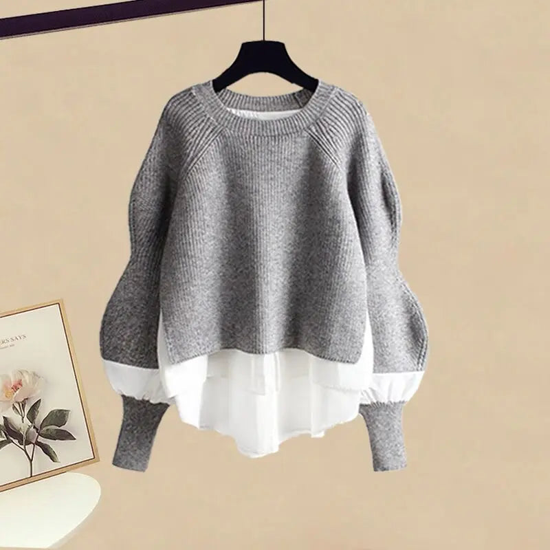 2023 Autumn/Winter New Korean Elegant Splice Fake Two Piece Knitted Sweater Dress Matching Set Women's Chic Pullover Skirt Set