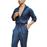 Men Jumpsuits Overalls Long Sleeve Single Breasted Button Turn Down Collar Solid Pencil Pants High Street Casual Pockets