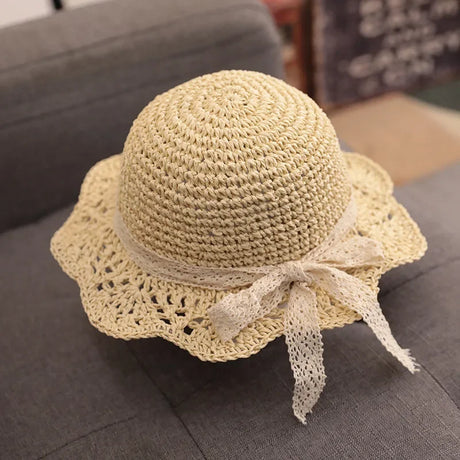 Fashion Baby Petal Brim Straw Woven Hat Sun Protection Lace Cap Kids Girls Princess Collapsible Beach Cute Infant Bucket Hats