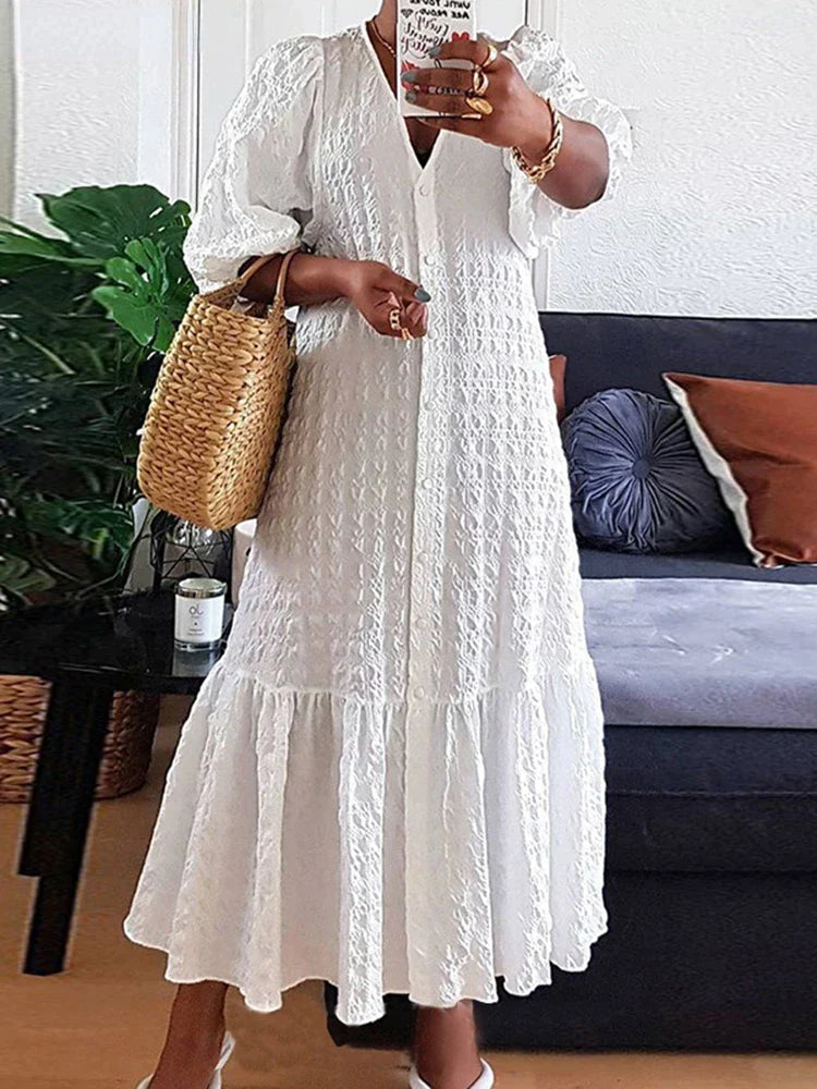 Plus Size Women Shirt Dress 2023 Summer Sexy V Neck Buttons Half Sleeve Long Maxi Vestidos Bohemian Elegant Party Robe