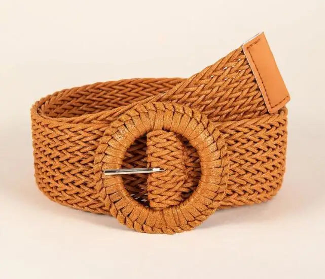 Bohemian Style Hand-woven Black and White Round Buckle Women Belts Designer Woven Elastic PP Straw Grass Girls Waistband