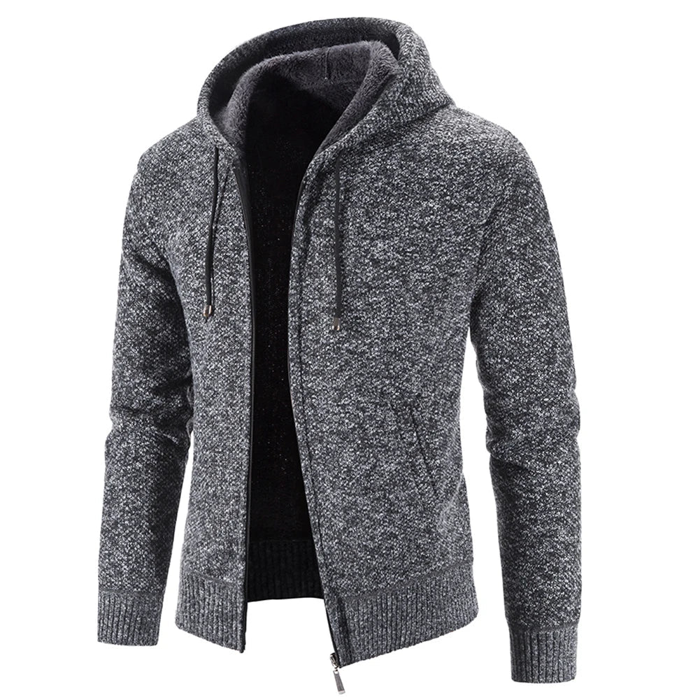 Mens Autumn Winter Warm Thick Fur Lined Hooded Hoodie Slim Fit  Zip Up Coat Jacket Sweatshirt Solid Knitted Men Sweaters