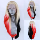 Ombre Blonde to Half Red Black Wavy Synthetic  PrePluckedInvisible Lace Front Heat Resistant Drag Queen Cosplay Wigs For Women