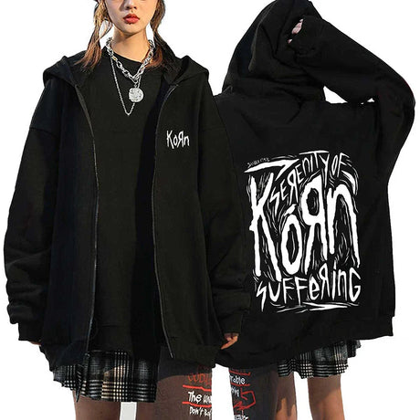 Korn Rock Band Sweatshirts WORLD TOUR Hoodies Cartoon Vintage Metal Gothic Streetwear Zip Up Jackets Tops Fleece Oversized Coats