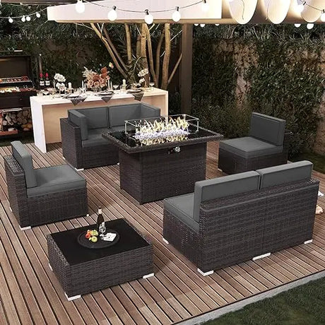 7/8 Pieces Outdoor Patio Furniture Set with  Fire Pit Table Rattan Sectional Sofa Conversation Sets Moden Set for Garden