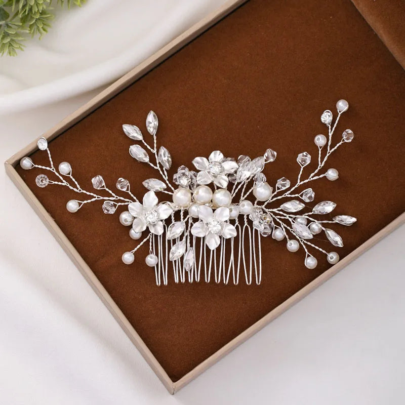 Silver Color Flower Hair Comb Clip Girls Handmade Alloy Pearl Hairpin Bridal Tiaras Wedding Hair Accessory Crystal Hair Jewelry