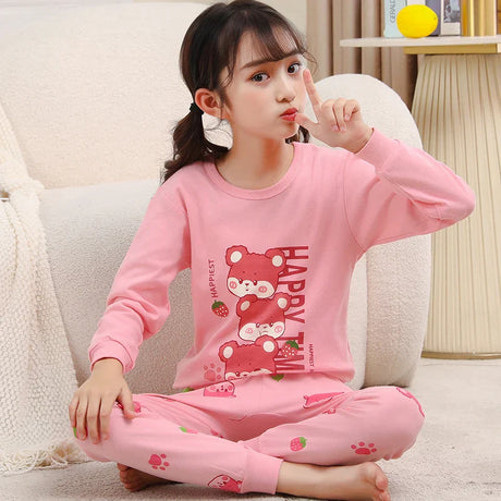 Autumn Cotton Sleepwear Sets for Children Baby Girls Lovely Heart Pajamas 2Pcs Long Sleeve Shirts+Pants Loungewear Kids Clothing