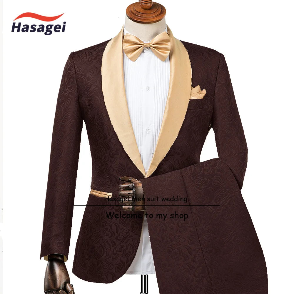 Champagne Men's Wedding Tuxedo Elegant Men 2-piece Suit Set Patterned Jacket Pants Formal Slim Fit Outfit