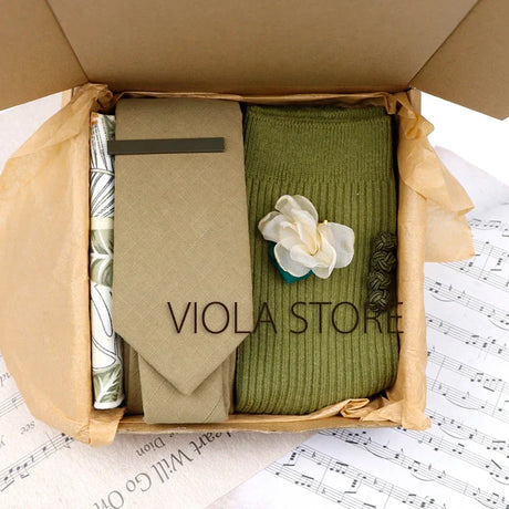 Viola Design 6PCS Gift Box Floral Solid Cotton Sock Tie Sets Clip Pin Cufflinks Hankie Men Wedding Party Daily Cravat Accessory